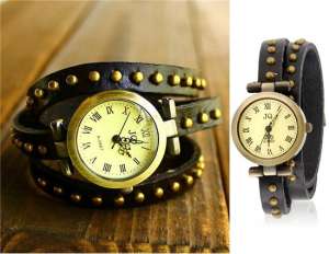 Ceas Mana Decorativ,  Bratara Trei Bucle,  Piele Vaca,  Negru - w43