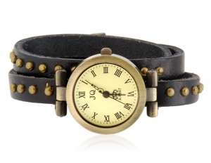 Ceas Mana Decorativ,  Bratara Trei Bucle,  Piele Vaca,  Negru - w43