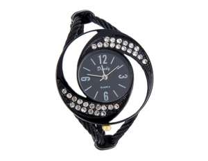 Ceas Bratara,  Cristale Decorative,  Dial Negru,  Doamne - w341