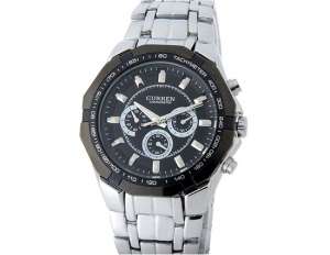 Curren,  Ceas Barbati,  Analog,  Dial Negru,  Bratara Argintie - w392