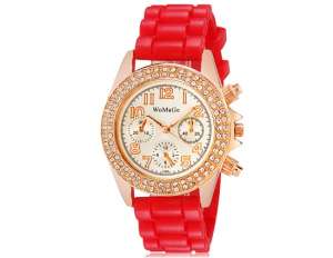 Ceas Dama,  Analog,  Cristale,  Curea Silicon Rosie - w483