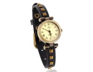 Ceas Mana,  Dial Rotund Retro,  Curea Nituri Decorative Neagra - w570