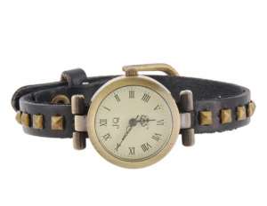 Ceas Mana,  Dial Rotund Retro,  Curea Nituri Decorative Neagra - w570