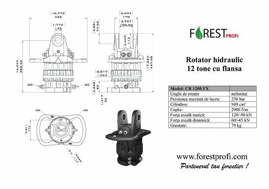 Rotator hidraulic 12 tone (CR-1200FX) cu flansa pentru graifer