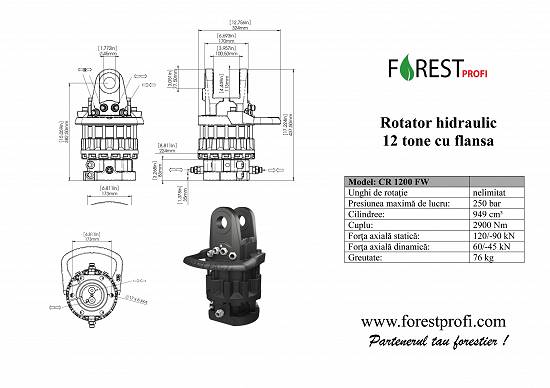 Rotator hidraulic 12 tone (CR-1200FW) cu flansa pentru graifer