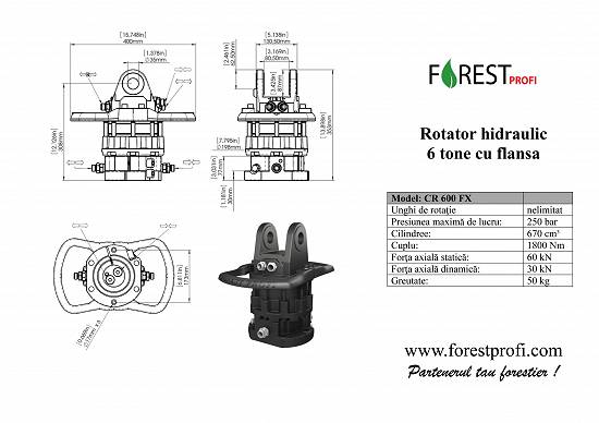 Rotator hidraulic 6 tone (CR-600FX) cu flansa pentru graifer