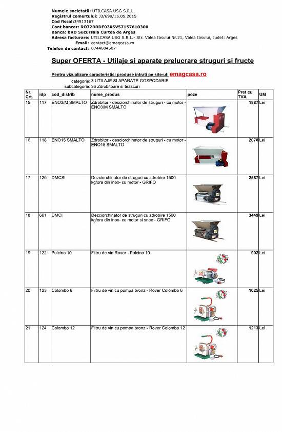 TEASC,     ZDROBITOR,     DEZCIORCHINATOR,     FILTRE,     POMPE VIN