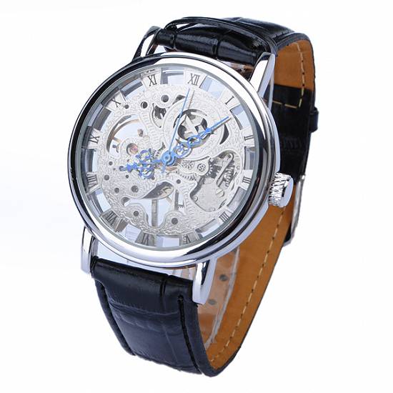 Ceas Goer Mecanic Skeleton Cadran Argintiu Curea Neagra