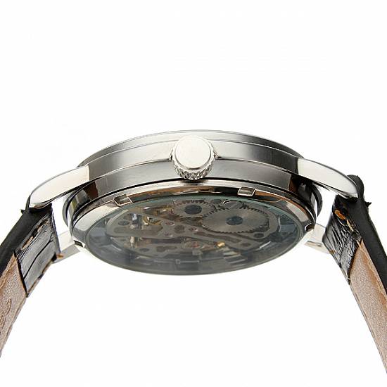 Ceas Goer Mecanic Skeleton Cadran Argintiu Curea Neagra