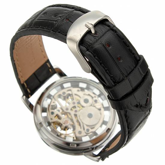 Ceas Goer Mecanic Skeleton Cadran Argintiu Curea Neagra