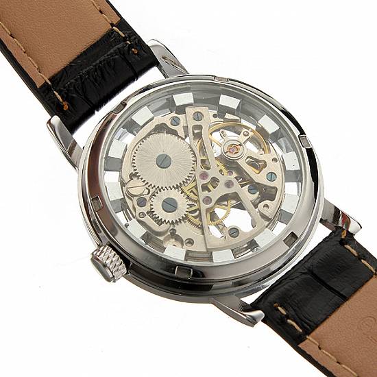Ceas Goer Mecanic Skeleton Cadran Argintiu Curea Neagra