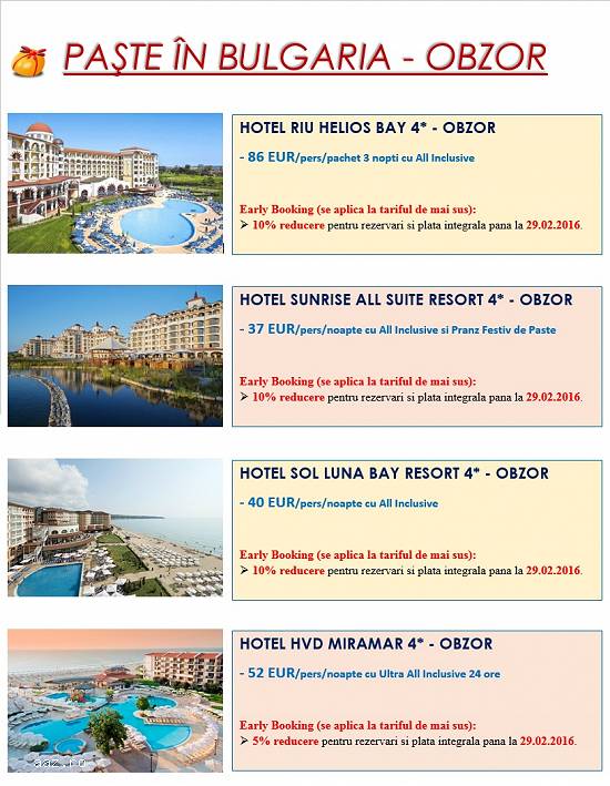 Oferte Paste 2016 - Bulgaria - Obzor