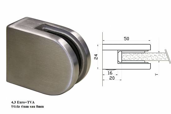 Cleme din inox satinat prindere sticla 6mm