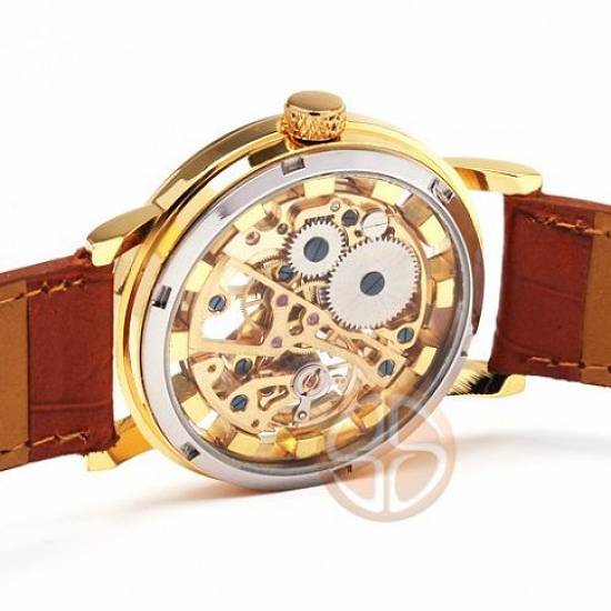 Ceas Goer Skeleton Mecanic Cadran Auriu Curea Maro