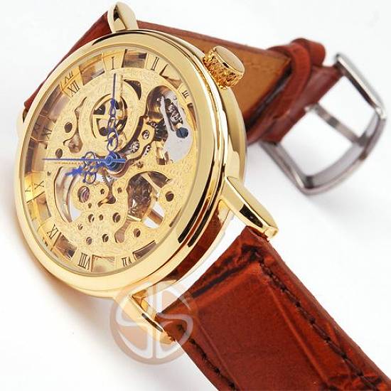 Ceas Goer Skeleton Mecanic Cadran Auriu Curea Maro