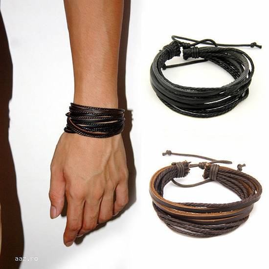 Bratari din piele naturala si canepa ,  unisex (negru / maro)
