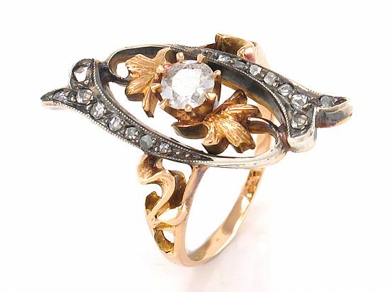 Inel ANTIK cu diamante - argint și aur roz 18K - Gr . 54 - 4,   75g