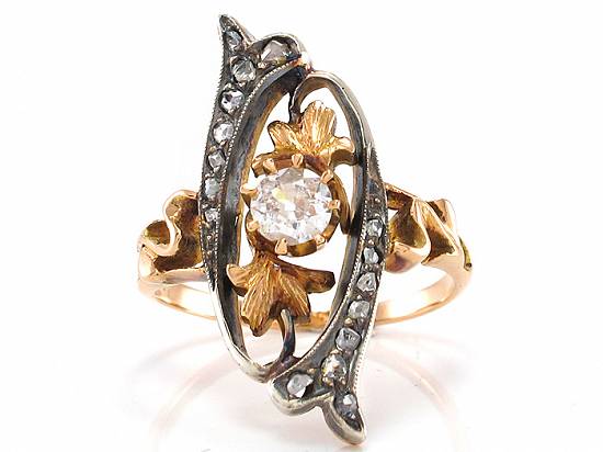 Inel ANTIK cu diamante - argint și aur roz 18K - Gr . 54 - 4,   75g