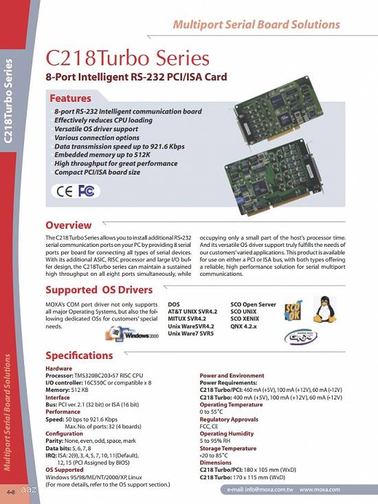 C218Turbo 8-port RS-232 intelligent Universal ISA Adapter