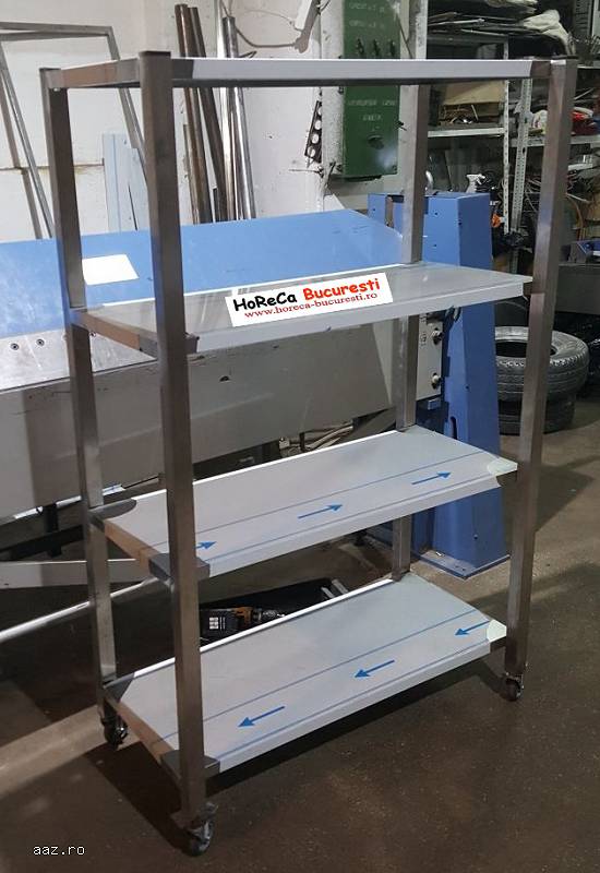 Rastel inox cu 4 polite neperforate si roti