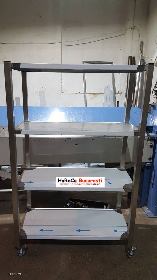 Rastel inox cu 4 polite neperforate si roti