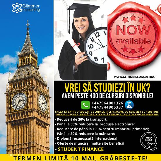 Planuiesti sa studiezi in UK in 2020? Termen limită 10 MAI. Aplica acum,    grăbeste-te!