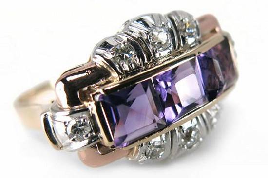 Inel Aur 14K Art Deco Cu Amethyst Si Diamante Cu Acte