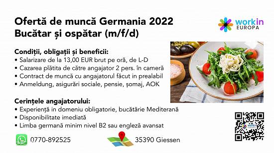 Oferta de munca Germania 2022-  Bucatar si Ospatar (m/f/d)