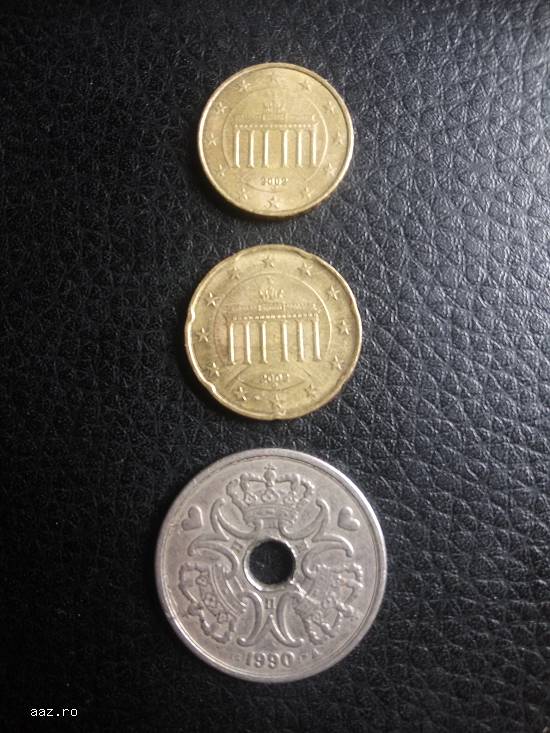 Monede 10 si 20 Euro Cent 2002 plus 5 Kroner 1990