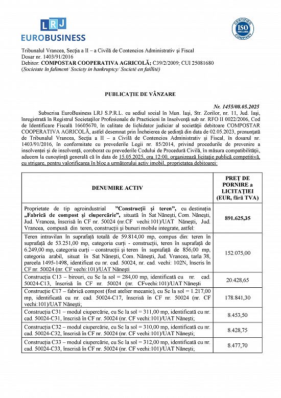 Fabrică de compost și ciupercărie,  situată în Sat Nănești,  Com. Nănești,   Jud. Vrancea