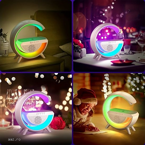Statie incarcare wireless 3 in 1 cu lampa RGB si boxa bluetooth,   control aplicatie,   Alb