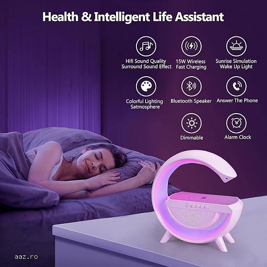 Statie incarcare wireless 3 in 1 cu lampa RGB si boxa bluetooth,   control aplicatie,   Alb