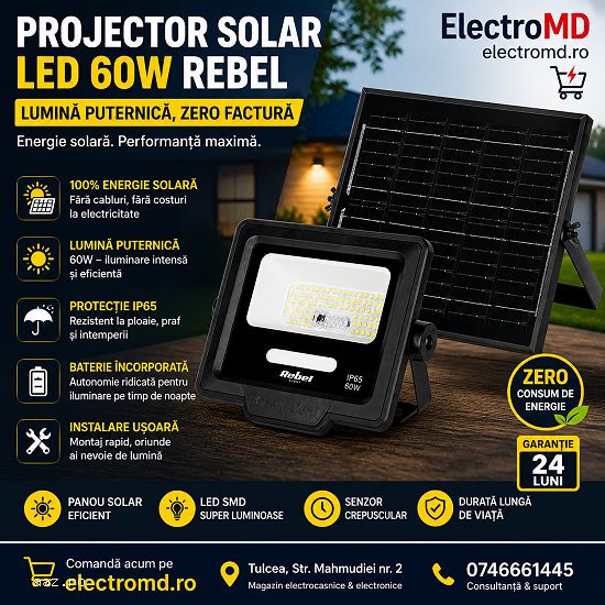 Reflector Solar LED 60W REBEL cu Panou 6W și Telecomandă – IP65,   Lumină Puternică