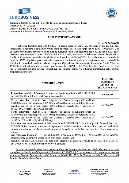 Teren extravilan in suprafata totala de 11.803 00 mp,   situat în Com. Filipesti,   Jud. Bacau