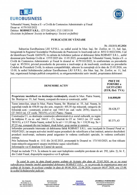 Proprietate imobiliara rezidentiala,   situata in Mun. Piatra Neamt,   Str. Bistritei nr. 55
