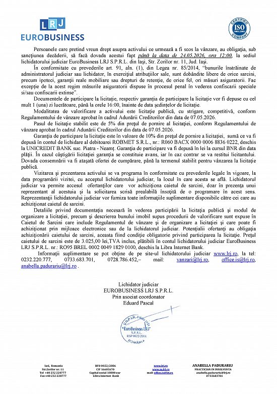 Proprietate imobiliara rezidentiala,   situata in Mun. Piatra Neamt,   Str. Bistritei nr. 55
