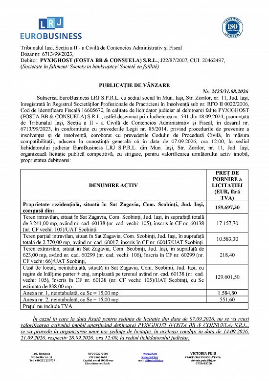 Proprietate rezidențiala,   situata în Sat Zagavia,    Com. Scobinti,    Jud. Iași