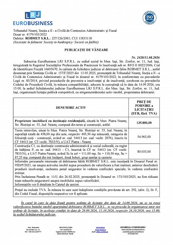 Proprietate imobiliara rezidentiala,   situata in Mun. Piatra Neamt,   Str. Bistritei nr. 55