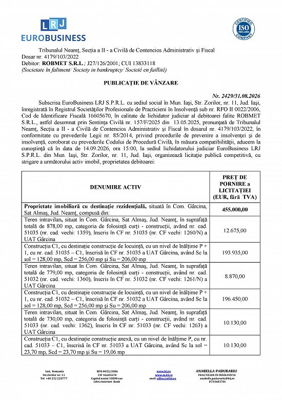 Proprietate rezidențială,      situată în Com. Gârcina,      Sat Almaș,     Jud. Neamț