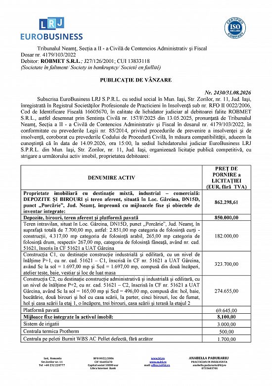 Cladire birouri si depozit situat in Loc. Garcina,    DN15D,    punct ,   ,   Porcarie”,    Jud. N