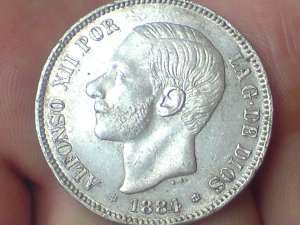 vand moneda veche de argint 5 pesetas 1884 necirculata in stare excelenta
