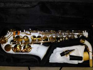 Vand saxofon alto(Mi-bemol)  KARL GLASER,  culoare deosebita alb lacuita cu clape galbene