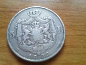 Moneda din argint Romania,  5 lei,  1883,  diametru 37 mm,  25g - Carol I ...Kullrich este scris sub