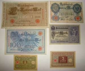 Lot 6 bancnote Germania Imperiala Reich 1 - 1000 marci
