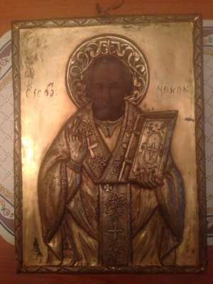 Icoana ruseasca Sf Nicolae,   pictata si cu argint aurit,   an 1833