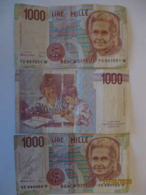 Vand 3 bacnote de 1000 lire italienesti