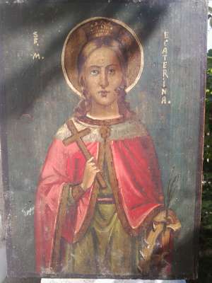 Icoana veche pictata pe lemn de peste 100 ani cu Sf. Ecaterina.
