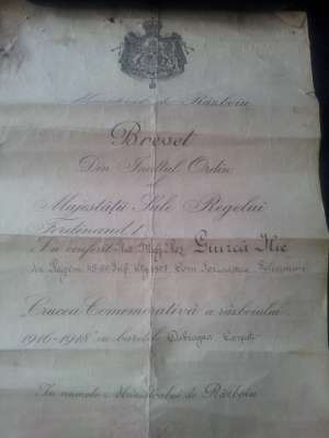 BREVET CRUCEA COMEMORATIVA A RAZBOIULUI 1916 -1918 CU BARETA DOBROGEA CARPATI