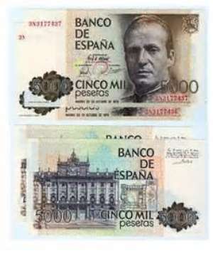 vand bancnota 5000 pesetas si 1000 pesetas din 1979