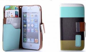 Husa Wallet Flip IPhone 5 blue-cofee-kaki